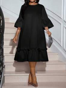 SHEIN Lady 春夏休闲优雅波西米亚风优雅休闲工作白色圆领花瓣袖长袖女装度假装女士沙滩装女士海滩度假沙滩裙婚礼宾客礼服女士商务休闲女士舞会礼服，女士太阳裙 - 黑色 - 查看 7