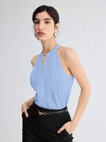 BizChic Elegant Light Blue Summer Tank Top,Halter Neck Keyhole Solid Color Office Blouse,Versatile For Commuting,Daily, 90s Retro,Party,Wedding Guest - Blue - View 6