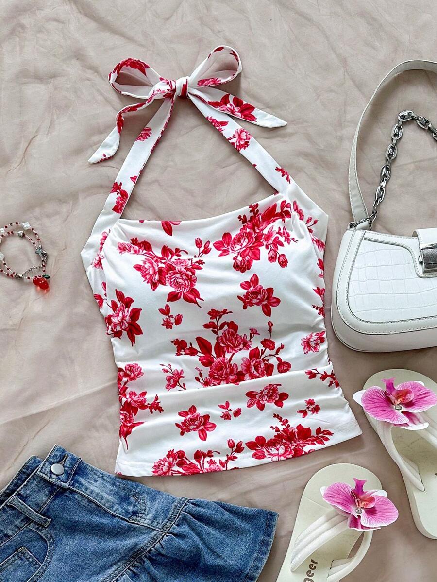 Soleia WYWH 女士假日皮革前系蝴蝶结衬衫，休闲前开圆领长袖上衣 - 紅白色 - 查看 1