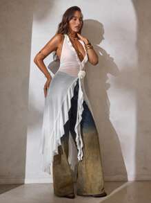 Aloruh 女士春夏新款纯白色无袖透视上衣，深V领荷叶边装饰宽松上衣，波西米亚风度假外套，适合夏季大道音乐节、锐舞音乐节、乡村音乐会等场合，透视上衣，西部风可爱夏季上衣，度假波西米亚风