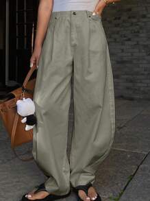 Livesso Women's Solid Color Loose Fit Straight Leg Pockets Pants, Casual Wear For Spring & Summer - Army Green - View 3