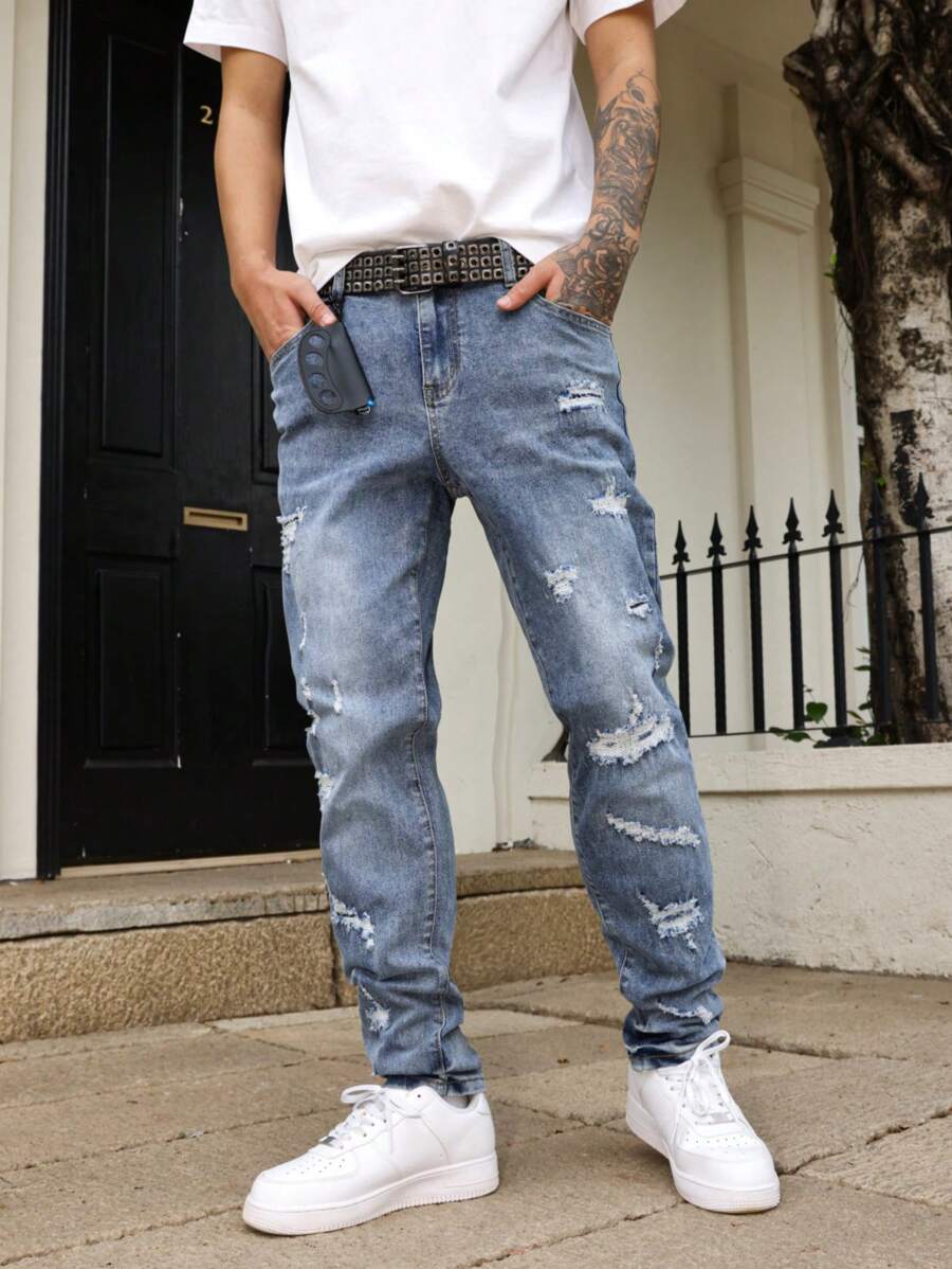 Manfinity LEGND Men's Casual Versatile Distressed Jeans With Pockets - Medium Wash - View 1