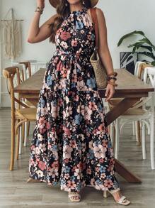 SHEIN VCAY 大码女式黑色花卉印花露背系带 A 字长裙，浪漫休闲海滩度假裙泳池派对装椰子女孩夏季波西米亚风女装早午餐装女士机场装海滩度假装城市休闲装假日装女士西式服装女士加大欧式夏季海岛度假装蜜月装女士老钱露背连衣裙 - 黑色 - 查看 4