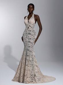 Elitara 优雅杏色纯色蕾丝吊带性感透明美人鱼露背长礼服，适合约会、海滩度假、毕业典礼、婚礼、正式场合、派对礼服、晚会、婚礼宾客 - 杏色 - 查看 2