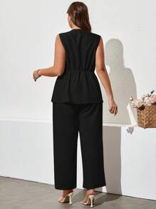 SHEIN Clasi Plus Size Elegant Office Wear Solid Color Vest & Pants 2 Pieces Set,Summer Outfits For Women - Black - View 9