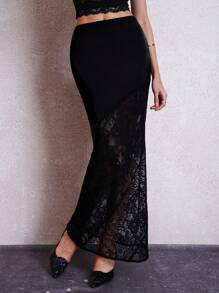SHEIN Clasi Black Satin Splice Lace Mermaid Hem Skirt Party Skirt Graduation Skirt