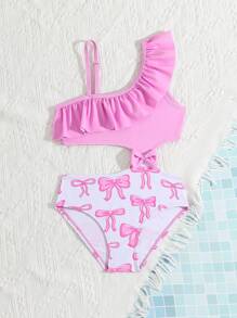 SHEIN 1 pieza Traje de baño de una sola pieza unicolor con hombro asimétrico y Bottom triangular para niñas jóvenes - Multicolor - Ver 5