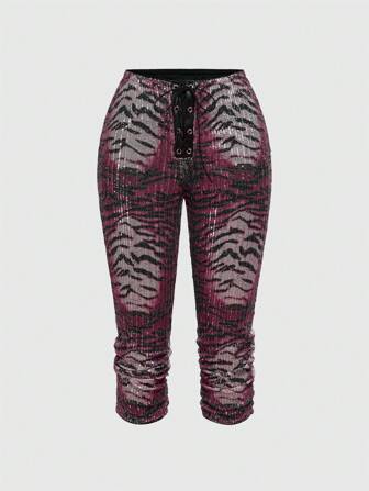 J-Fashion Vintage Low Waist Leopard Print Sequin Waist Tie 7/8 Length Pants For Women