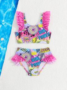 SHEIN Young Girl Allover Print Ruffle Trim Bikini Set, Suitable For Summer Vacation Beach - Multicolor - View 5