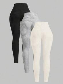 INAWLY 3 件套女式纯色罗纹紧身裤 - 彩色 - 查看 2