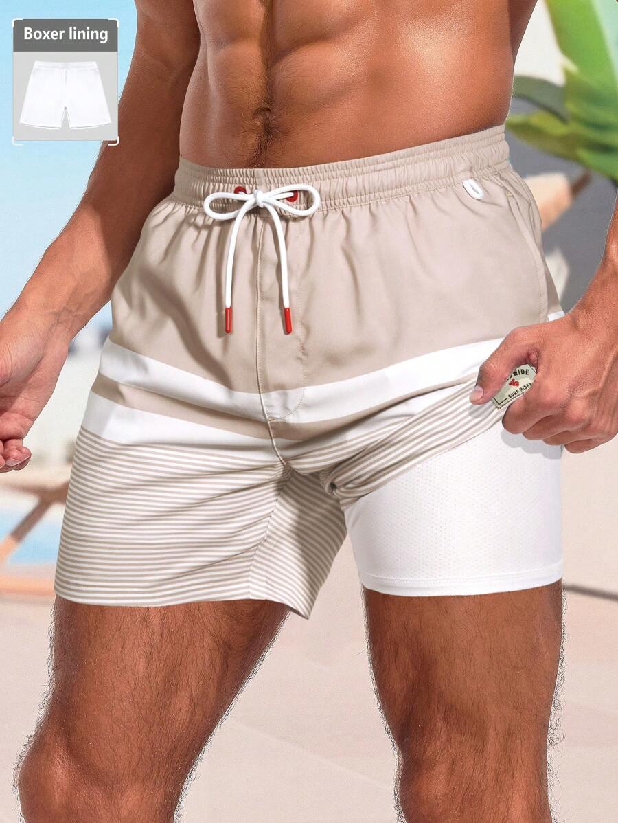 Manfinity Swimmode Men Loose Striped Beach Shorts In Vacation Style Milk Silk Lining,Hawaiian - Khaki - View 1