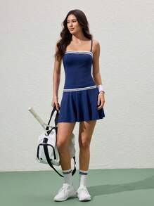 Gameset SHEIN Sport Women's Dual Color Printed Elastic Suspender Adjustable Tennis Casual Slip Resistant Two Pieces A-Line Dress, All Season - Navy Blue - View 7