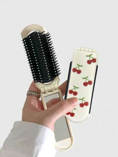ROMWE Kawaii 1pc Cherry Smile Back To School Print Folding Hair Comb With Mirror, Portable All-In-One Styling Tool