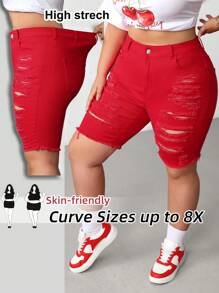 SHEIN CURVE+ Plus Size Red Denim Shorts High Elastic Denim Ripped Jeans Summer Casual Cowgirl,Curve Plus,Boho Vacation