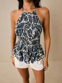 Poéselle Blue Printed Top, Palm Leaf Printed Top,Beach,Vacation,Mother Day,Women's Vacation Floral Print Halter Neck Ruffle Hem Top - Blue - View 6