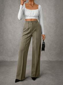EURMUSE Women's Solid Pleated Seam Detailed Suit Pants - Army Green - View 5