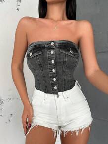 RueChic Casual Distressed Snap Front Camisole Denim Top - Dark Grey - View 3