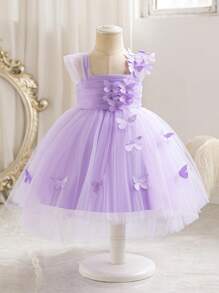 SHEIN Leap Crew Baby Girl Elegant Square Neck Dress With Bow Decor And Layered Mesh, Sweet Formal Party Dress - Purple - View 5
