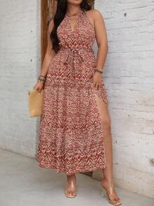 SHEIN Clasi Vestido casual de vacaciones con estampado floral, cuello anudado, sin mangas, con abertura en el bajo, para tallas grandes - Multicolor - Ver 6