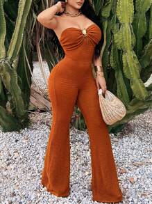 SHEIN SXY Damen Sommer Einfarbig Braun Gehäkelter Boho Gold Muschel Akzent Taillierter Tube Top Jumpsuit, Schmales Ausgestelltes Bein, Ideal Für Inselurlaub/Ferien/Strand - Braun - Übersicht 4