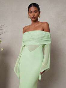 L'Amorae فستان ساتر شفاف مكشوف الكتف باللون الواحد - أخضر نعناع - مشاهدة 5
