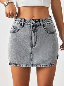 SHEIN ICON 女士高街低腰直筒牛仔中长裙，适合夏季 - 灰色 - 查看 6