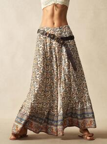 Bohemela Bohemian Style Woven Printed High Waist Flare Wide Leg Pants, Suitable For Countryside Holiday