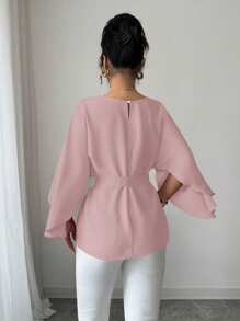 Selianne 女式春夏法式圆领蝙蝠袖系腰缎面衬衫，红色 - 粉色 - 查看 2