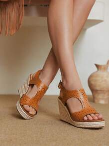 Styleloop Women's Platform Wedge Sandals, Hollow-Out Open Toe High Heel Shoes, Thick Sole Vacation Outdoor Sandals - Brown - View 5