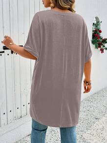 EMERY ROSE 大码V领纯色短袖T恤，夏季时尚 - 駝色 - 查看 2