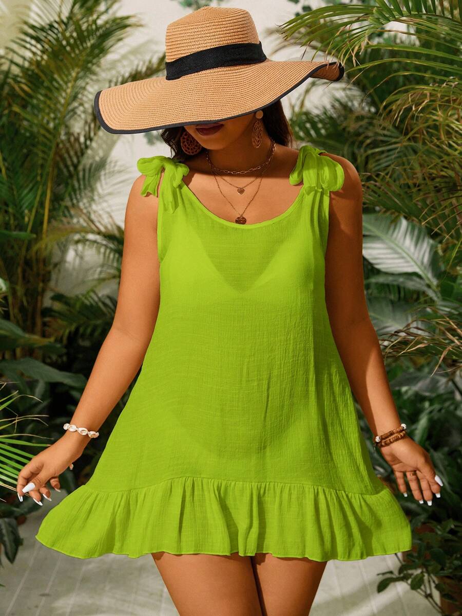 Slaydiva Vestido de talla grande para mujer con nudo en el hombro y sin mangas, para la vacación - Verde - Ver 1