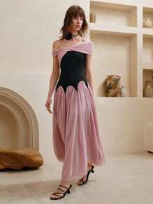 SHEIN LUNE Women's Chiffon Elegant Color Block Off Shoulder Maxi Dress ,Pink Dress,Summer Dresses,Sun Dresses	Black Dresses,Birthday Outfit,Graduation,Party - Pink - View 2