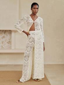 Arave 2pcs/Set Women Solid Color Hollow Long Sleeve V-Neck Cardigan & Straight Leg Pants, Casual Outdoor Beach Vacation Outfit For / Fall Women Clothes Fall Outfits Women Fall Autumn Clothes - Beige - View 8