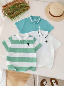 SHEIN 3 件套年轻男孩休闲运动学院风图案圆领短袖 Polo 衫套装，适合日常穿着、上学、户外活动、春夏季节 - 薄荷綠 - 查看 9
