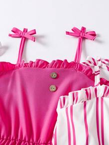 SHEIN 年轻女孩夏季休闲荷叶边纽扣装饰细肩带连体裤 - 玫紅色 - 查看 3