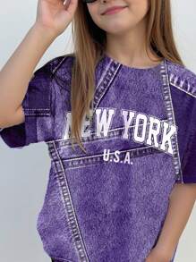 SHEIN Leap Crew 青少年女孩休闲简约短袖 T 恤和短裤两件套，适合夏季