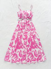 Soleia Women's Vacation Loose Fit Floral Print Hollow Out Waist Long Swing Dress, Suitable For Summer, Christmas, Party, Valentine's Day, Date, Afternoon Tea - Multicolor - View 3