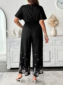 Flirla New Fashion Deep V-Neck Printed Black Waisted Long Sleeve Jumpsuits - Black - View 2
