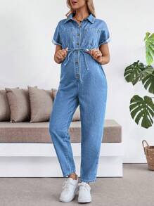 SHEIN Maternity Blue Denim Jumpsuit - Light Wash - View 6