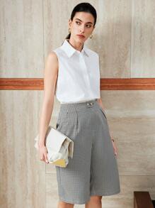 SHEIN Unity 女士优雅简约商务通勤设计百搭格子编织短裤，带口袋 - 彩色 - 查看 6