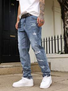 Manfinity LEGND Men's Casual Versatile Distressed Jeans With Pockets - Medium Wash - View 4