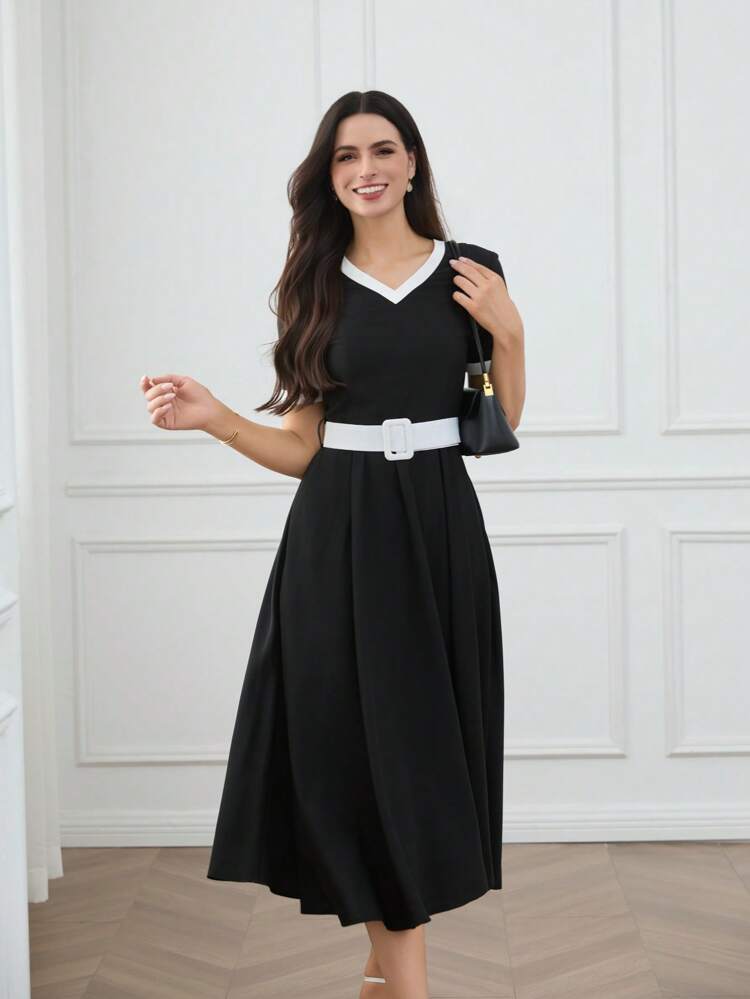 Women's Colorblock V-Neck Short Sleeve Elegant Mid-Calf Dress Black Dresses Classy Elegant Summer Dresses For Women Birthday Dresses For Women