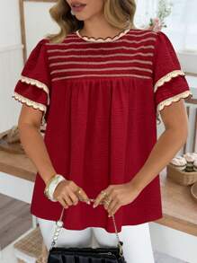 SHEIN MOOSTA Áo cánh tay lửng xếp nếp nhiều lớp phong cách Bohemian thanh lịch cỡ lớn thường ngày - Màu Đỏ Sâu - Xem 5