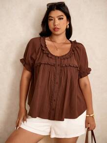 Elaquor 大码简约纯色短袖衬衫，夏季时尚 - 咖啡棕 - 查看 2