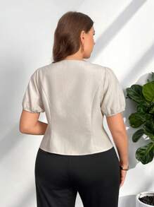 Firerie Plus Size Women's Solid Color Short Puff Sleeve Double-Breasted Fashionable Shirt - Apricot - View 2
