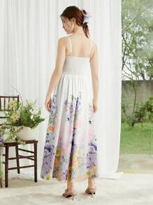 SHEIN LUNE Women Elegant Floral Print Sleeveless Waist-Defined Swing Dress - White - View 2