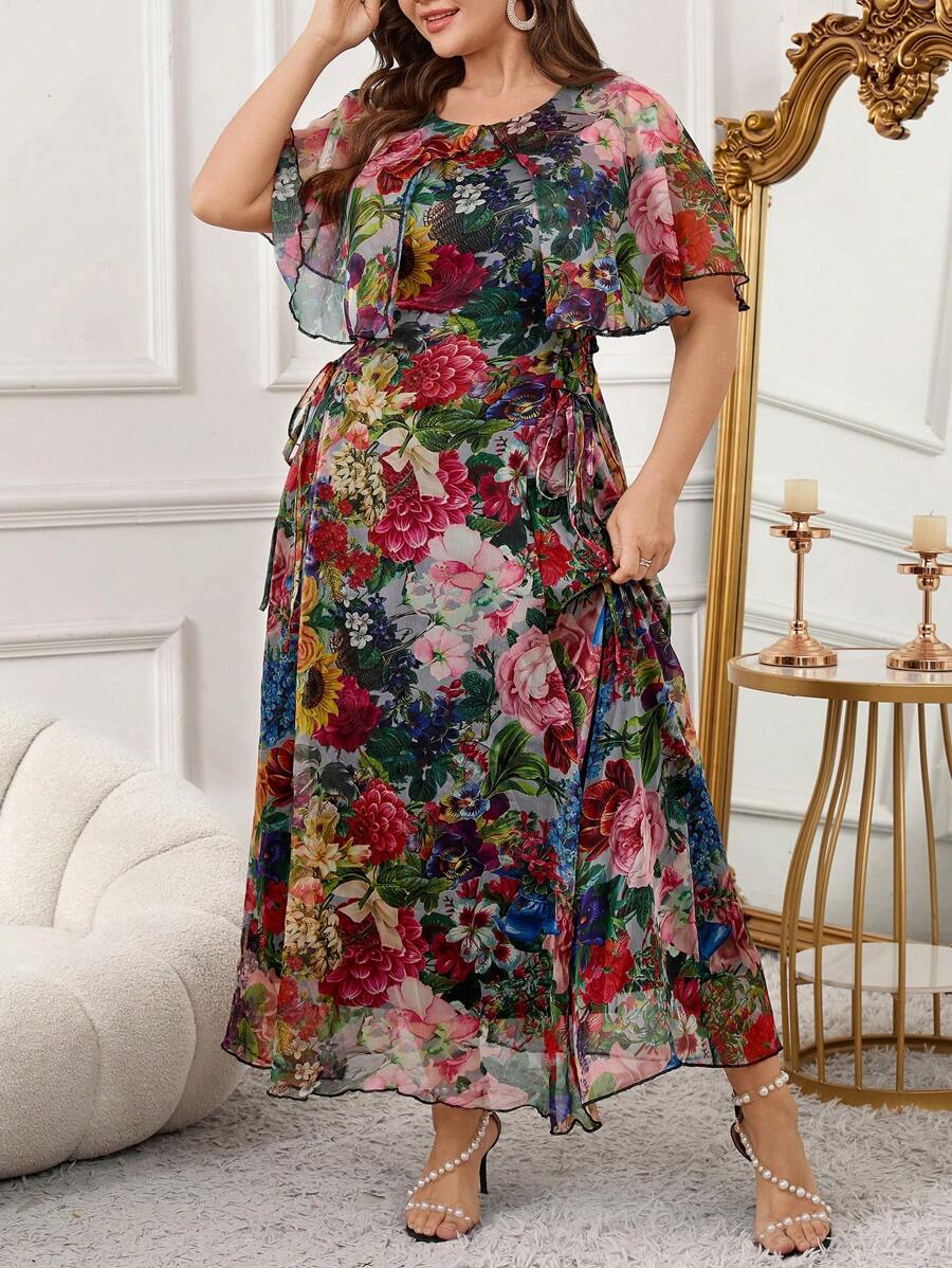 SHEIN Clasi Plus Size Women Vacation All Over Print Round Neck Side Tie Waist Dress,Flowy Dress,Sun Dresses For Women