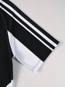 Manfinity Campus Court 男士夏季休闲拼色条纹字母印花短袖 Polo 衫布鲁克林衬衫针织衫，适合秋季 - 黑色 - 查看 3