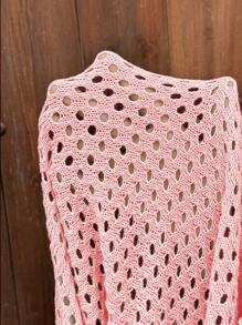 EMERY ROSE Casual Loose Fit Crew Neck Batwing Sleeve Hollow Knitted Apricot Color Sweater, For Women, Spring & Autumn - Pink - View 7