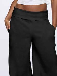 SUMWON WOMEN 超柔软阔腿休闲裤高腰宽松运动瑜伽健身裤带侧袋休闲日常舒适 - 黑色 - 查看 3